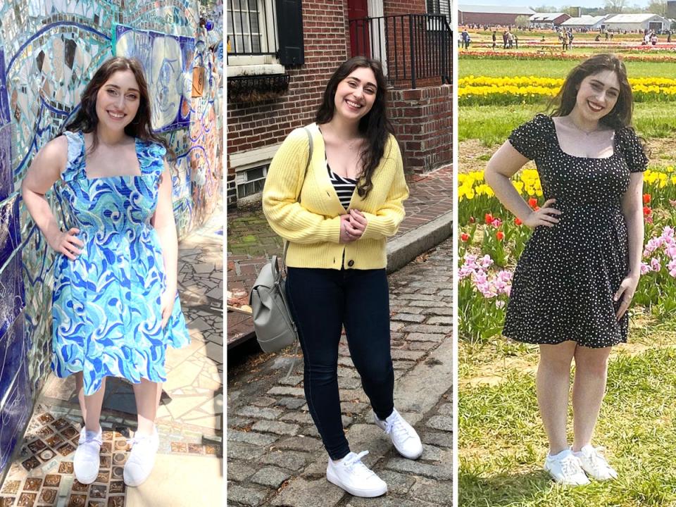 photos of the writer: wearing a blue dress, wearing black and a yellow cardigan, wearing black polka dots