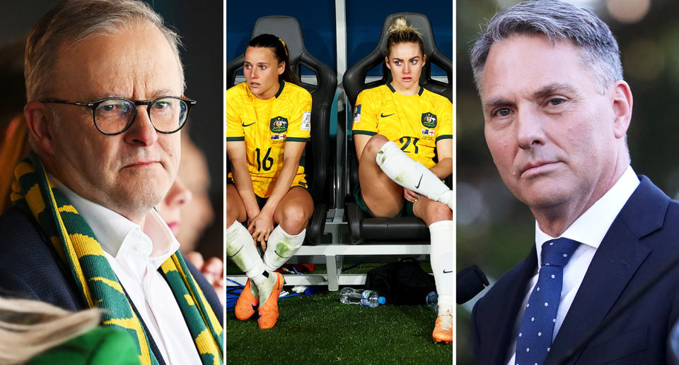 Anthony Albanese and Richard Marles, pictured here alongside Matildas players.