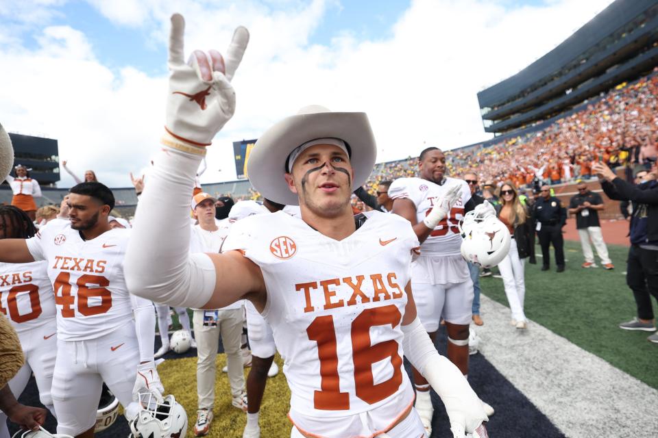 ANN ARBOR, MICHIGAN - SEPTEMBER 07: Michael Taaffe #16 of the Texas Longhorns celebrates after a 31-12 victory against the Michigan Wolverines at Michigan Stadium on September 07, 2024 in Ann Arbor, Michigan. (Photo by Gregory Shamus/Getty Images)