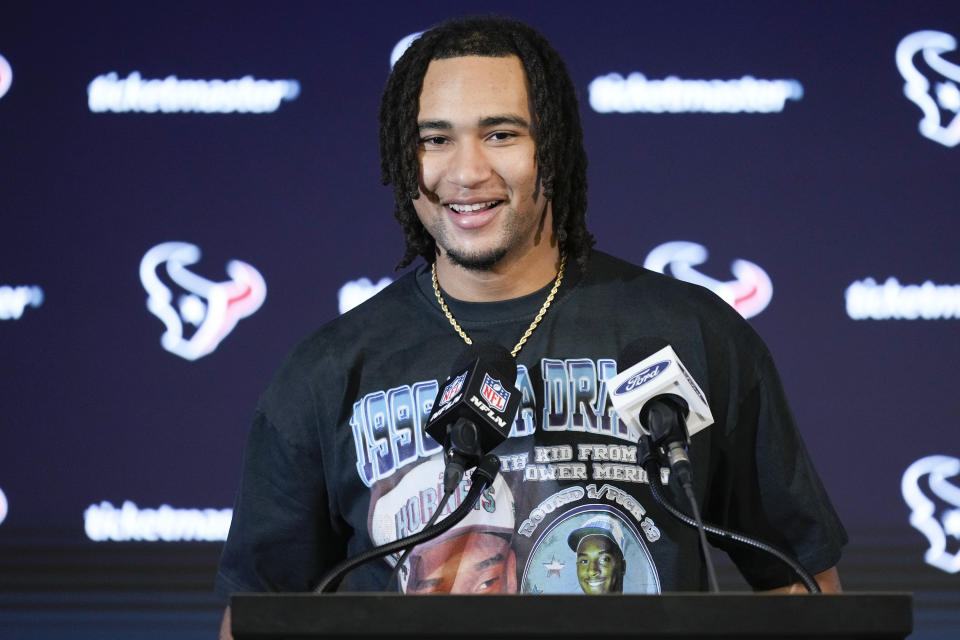 Houston Texans quarterback C.J. Stroud speaks to the media following the team's win over the Tennessee Titans in an NFL football game Sunday, Dec. 31, 2023, in Houston. (AP Photo/Eric Christian Smith)