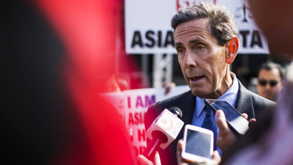 Edward Blum, president of Students for Fair Admissions, speaks to members of the media during a 2018 protest against Harvard University's affirmative admission process. - Adam Glanzman/Bloomberg via Getty Images