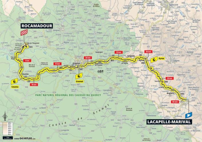 Route map, profile and start times for individual time trial