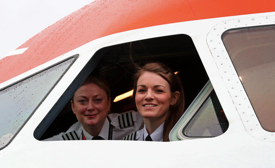 RETRANSMITTED AMENDING SPELLING OF McWilliams First Officer Sue Barrett (left) and Captain Kate McWilliams before an EasyJet flight from Gatwick Airport prepared and operated entirely by women to mark International Women's Day. (Photo by Gareth Fuller/PA Images via Getty Images)