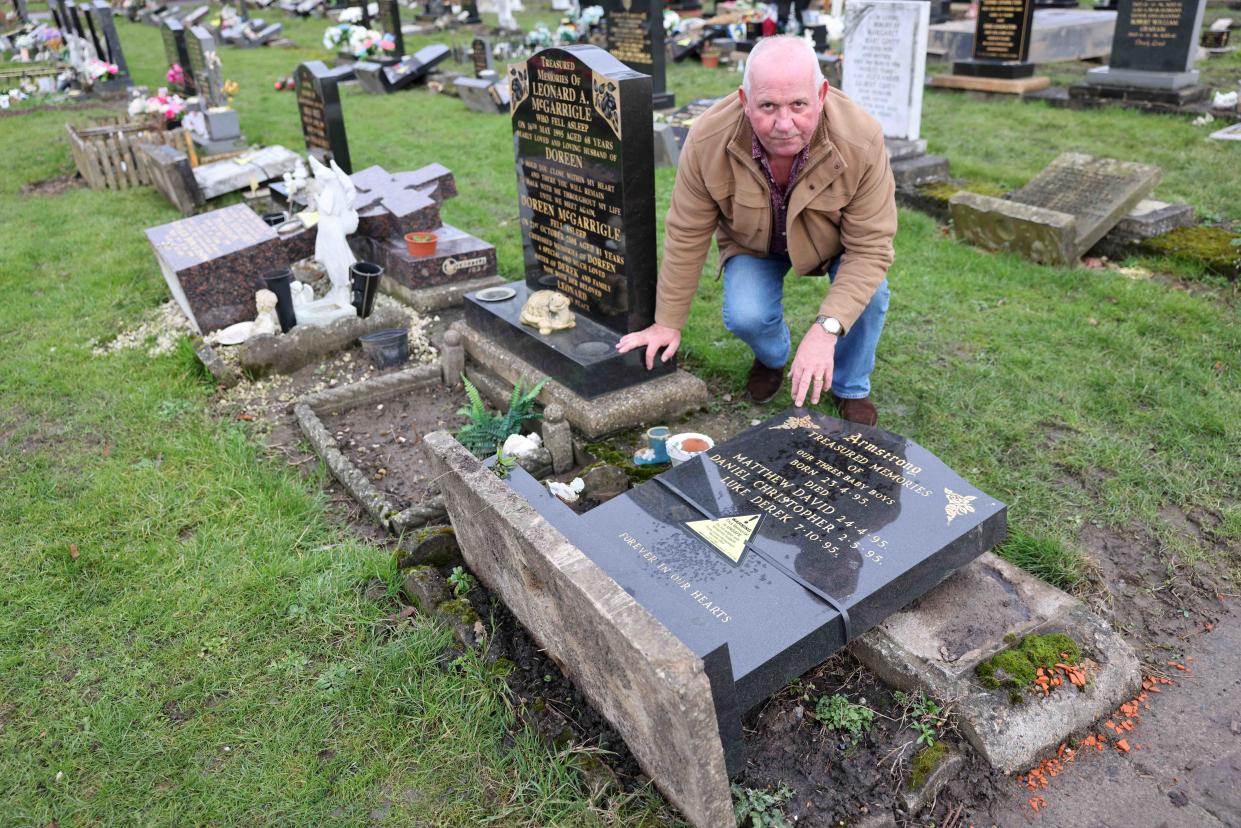 Derek Armstrong at the grave of his triplets in  Heaton Cemetery that has been laid down after being deemed unsafe by Newcastle City Council.
