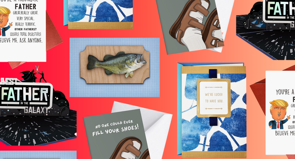 father's day, father's day cards from amazon canada on red background, fish card, donald trump card, socks and sandals card, star wars