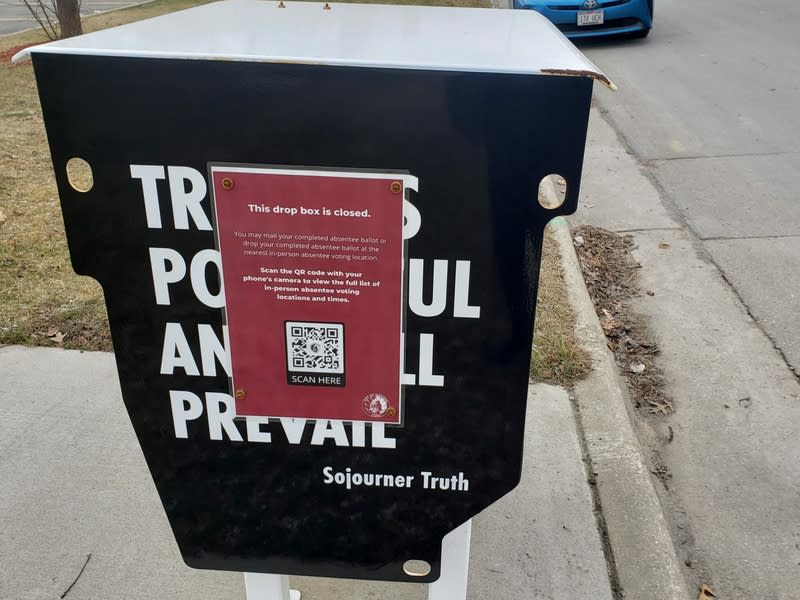 A ballot drop box in Madison, Wisconsin, that has been put out of commission. Since 2020, drop boxes have become a target for many on the right, who argue that they were insecure and could allow for fraud — though very few examples have been found in Wisconsin or elsewhere. (Wisconsin Examiner photo)