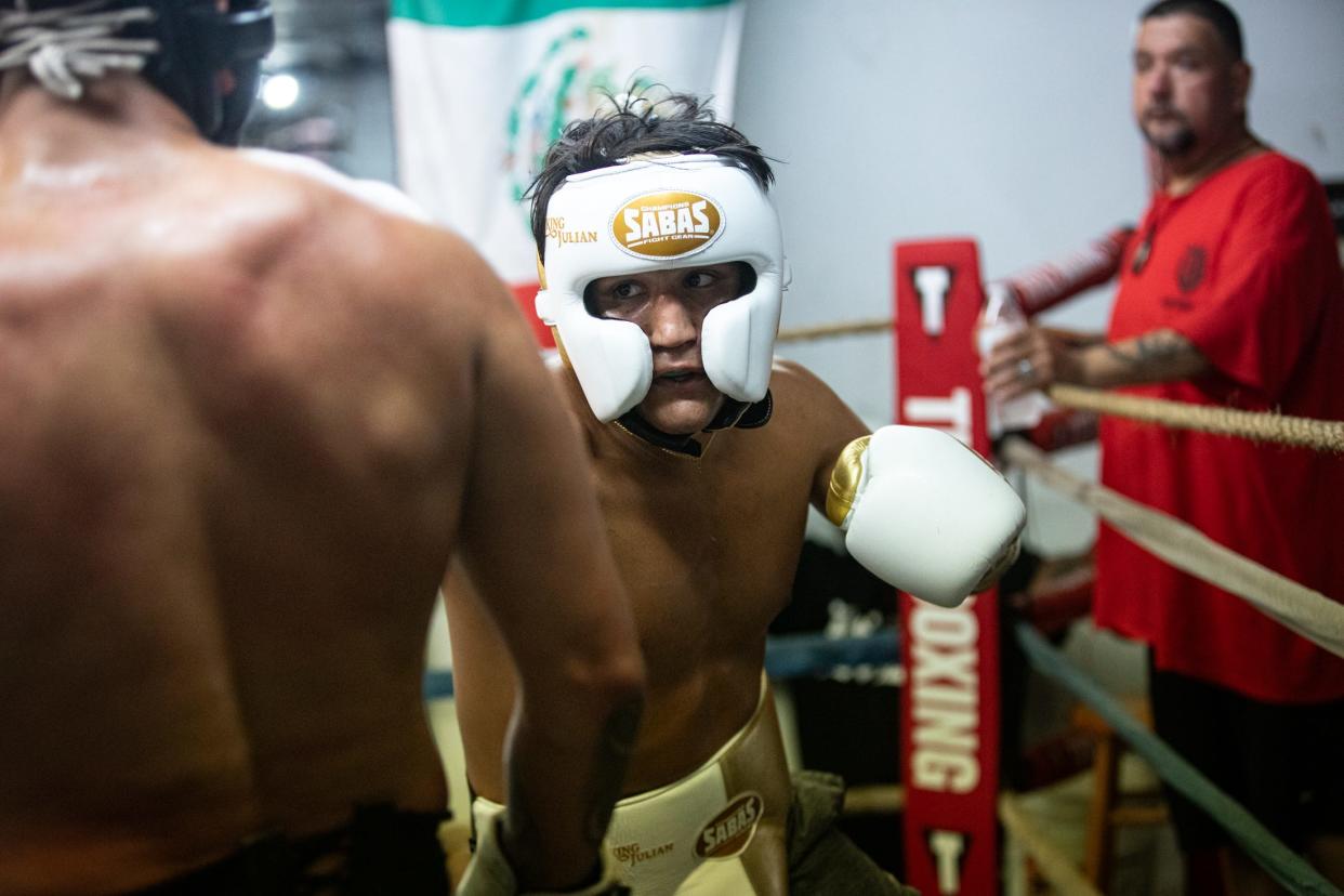 Julian Delgado, 22, spars at Corpus Christi Police Officers Association Boxing Club on Tuesday, July 18, 2023, in Corpus Christi, Texas. 