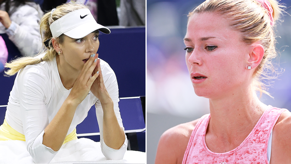 Katie Boulter reacts and Camila Giorgi during a match.