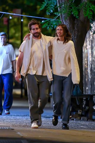 <p>ROKA / BACKGRID</p> Jake Gyllenhaal and girlfriend Jeanne Cadieu enjoy a night out in New York City.