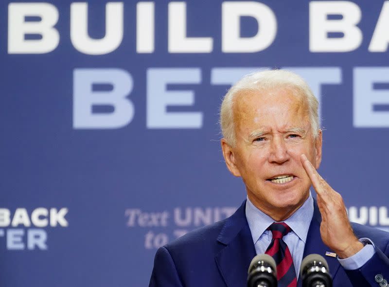 Democratic U.S. presidential nominee Biden discusses Trump economy during coronavirus pandemic in Wilmington, Delaware