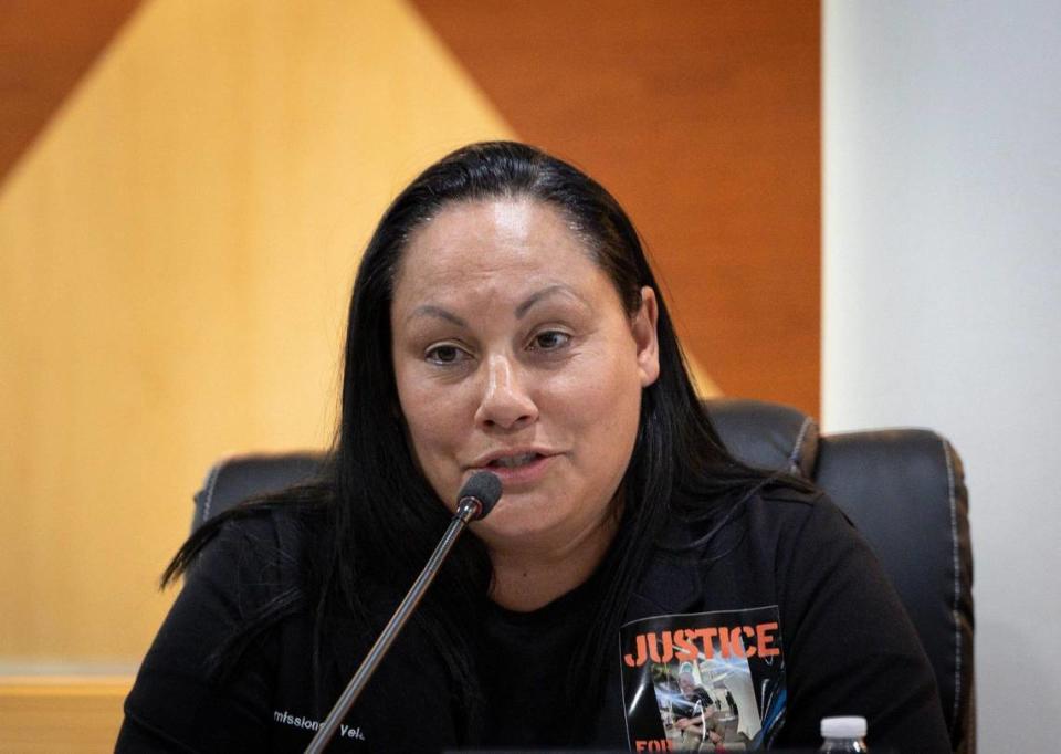 Town Commissioner Nelly Velasquez speaks during a commission meeting on Tuesday, March 12, 2024, at Surfside Town Hall.