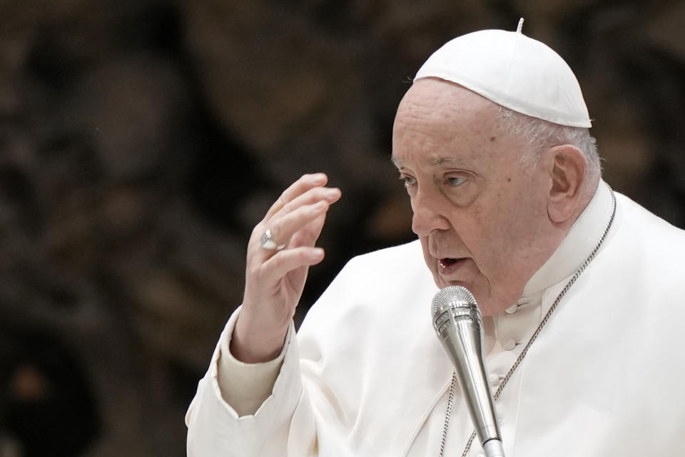 Pope Francis delivers his blessing during his weekly general audience in the Pope Paul VI hall at the Vatican, Wednesday, Jan. 24, 2024. (AP Photo/Andrew Medichini)