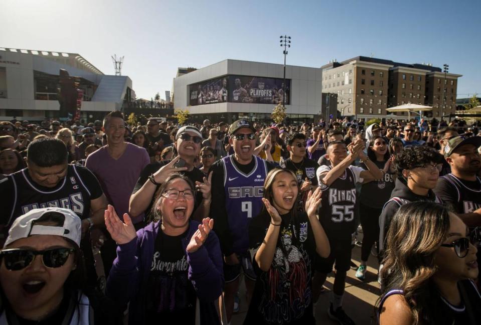 Sacramento Kings fans celebrate the tip-off to the 2023 playoffs with a rally outside Golden 1 Center on Friday, April 14, 2023, at DoCo. Kings personalities and entertainment teams helped fans usher in the momentous series ahead against the Golden State Warriors.