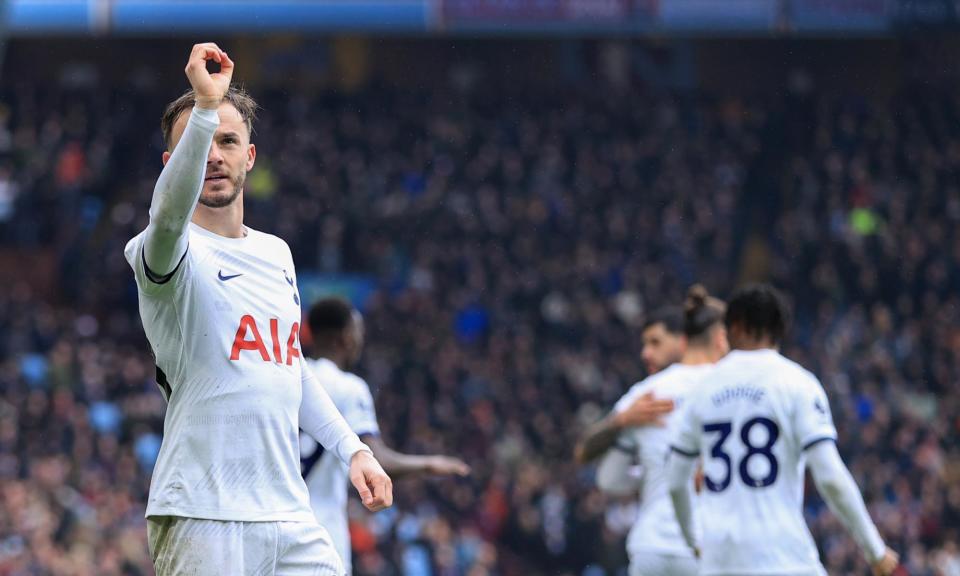 <span>James Maddison makes his trademark celebration after giving Tottenham the lead.</span><span>Photograph: Simon Stacpoole/Offside/Getty Images</span>