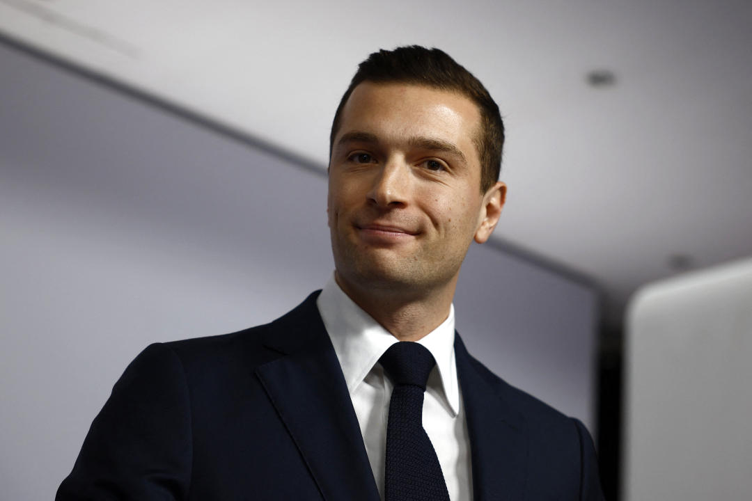 Jordan Bardella, President of the French far-right Rassemblement National (National Rally - RN) party, reacts on stage after partial results in the first round of the early French parliamentary elections in Paris, France, June 30, 2024. REUTERS/Sarah Meyssonnier