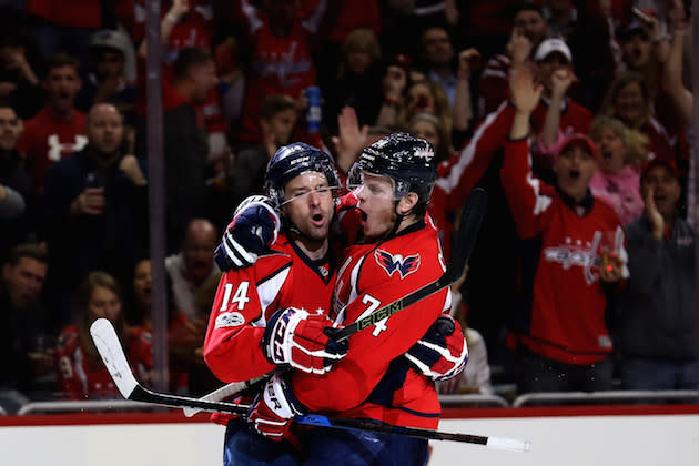 WASHINGTON, DC – APRIL 15: John Carlson #74 of the Washington Capitals celebrates a second period goal with Justin Williams #14 against the Toronto Maple Leafs in Game Two of the Eastern Conference First Round during the 2017 NHL Stanley Cup Playoffsat Verizon Center on April 15, 2017 in Washington, DC. (Photo by Rob Carr/Getty Images)