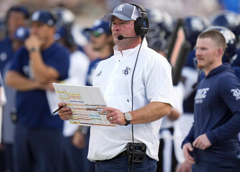 Rice head coach Mike Bloomgren watches from the sideline during the first half of an NCAA college football game against Houston, Saturday, Sept. 9, 2023, in Houston. (AP Photo/Eric Christian Smith)