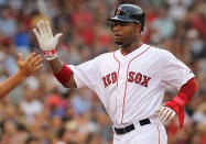 Carl Crawford #13 scores a run in the first inning against the Chicago White Sox at Fenway Park July 16, 2012 in Boston, Massachusetts. (Photo by Jim Rogash/Getty Images)