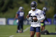 Seattle Seahawks safety Jamal Adams runs during practice drills at NFL football training camp, Wednesday, Aug. 12, 2020, in Renton, Wash. (AP Photo/Ted S. Warren, Pool)