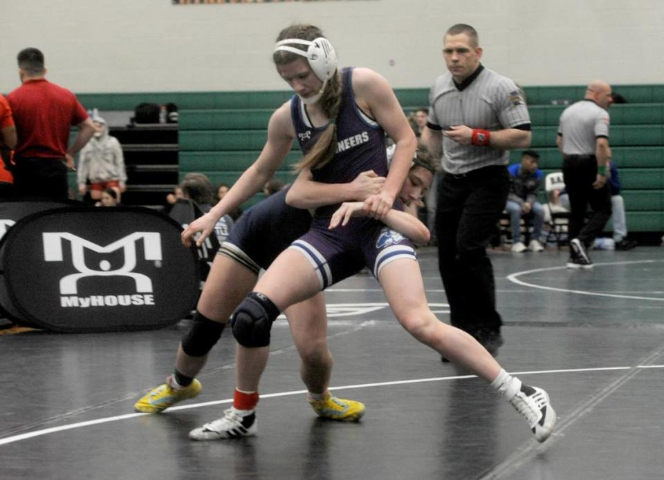 Philipsburg-Osceola’s Isabella Duvall tries to escape from Kiski Area’s Isabella DeVito in their 124-pound fifth place match of the MyHouse Girls State Championships on Sunday, March 12, 2023 at Central Dauphin High School. DeVito topped Duvall, 6-1, in sudden victory. Nate Cobler/ncobler@centredaily.com
