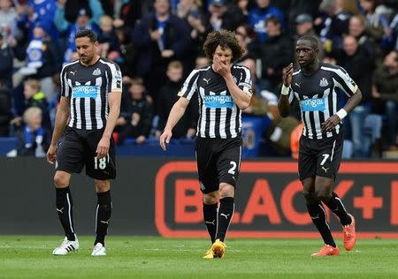 Football - Leicester City v Newcastle United - Barclays Premier League - King Power Stadium - 2/5/15 Newcastle's Jonas Gutierrez, Fabricio Coloccini and Moussa Sissoko look dejected after Leicester's second goal Action Images via Reuters / Alan Walter