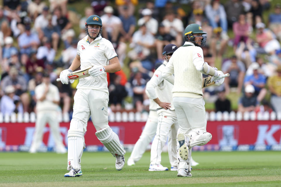 Cameron Green and Josh Hazlewood in the first Test against New Zealand.