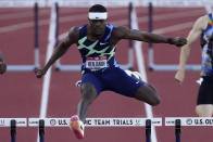 Rai Benjamin wins the men's 400-meter hurdles at the U.S. Olympic Track and Field Trials Saturday, June 26, 2021, in Eugene, Ore. (AP Photo/Ashley Landis)