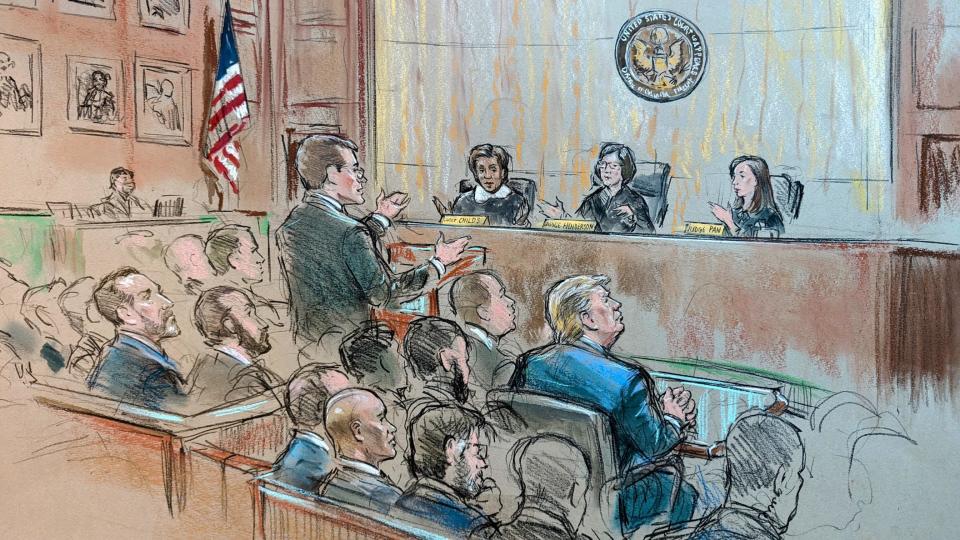 A sketch showing former President Donald Trump attending oral arguments for the U.S. Court of Appeals for the District of Columbia Circuit on Tuesday, Jan. 9, 2024.  / Credit: William J. Hennessy, Jr.