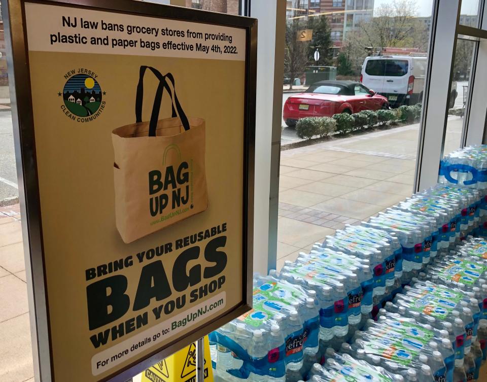 Signs like this one at an ACME supermarket in Hudson County have been placed in grocery stores and other locations to inform the public of New Jersey's new plastic bag ban.