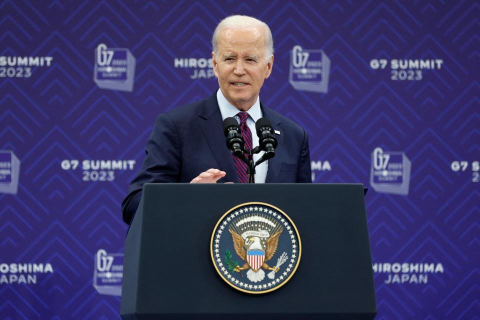 President Joe Biden speaks during a press conference following the G7 Leaders' Summit in Hiroshima on May 21, 2023.