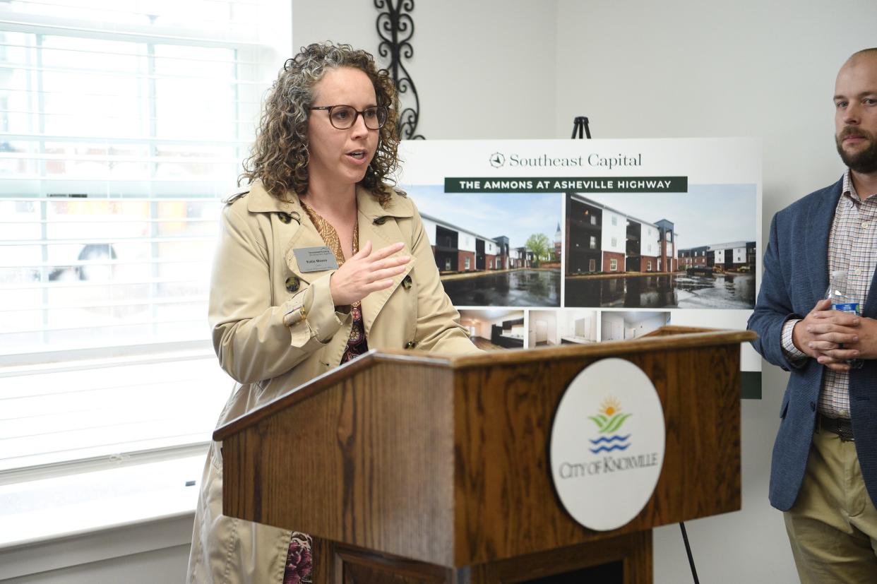 Katie Moore with Tennessee Housing Development Agency, speaks at a ribbon cutting celebration for affordable apartments called The Ammons, at 4617 Asheville Highway, Friday, April 14, 2023. The Ammons will feature 28 two-bedroom unites and 52 three-bedroom units.