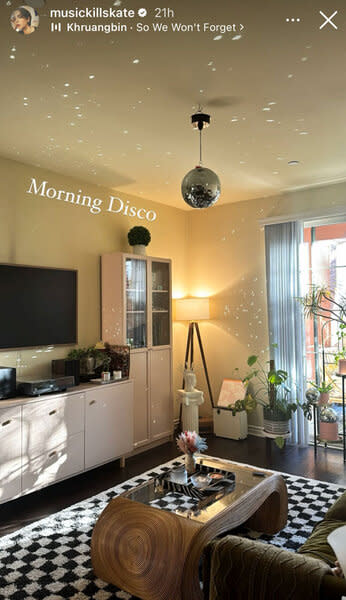 Katie Maloney's Living Room with disco lights featured on her ceiling.