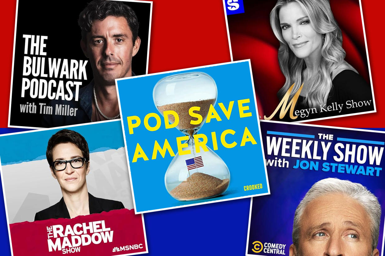 A collage of magazines featuring Jon Stewart, Megyn Kelly, and Rachel Maddow related to a podcast topic