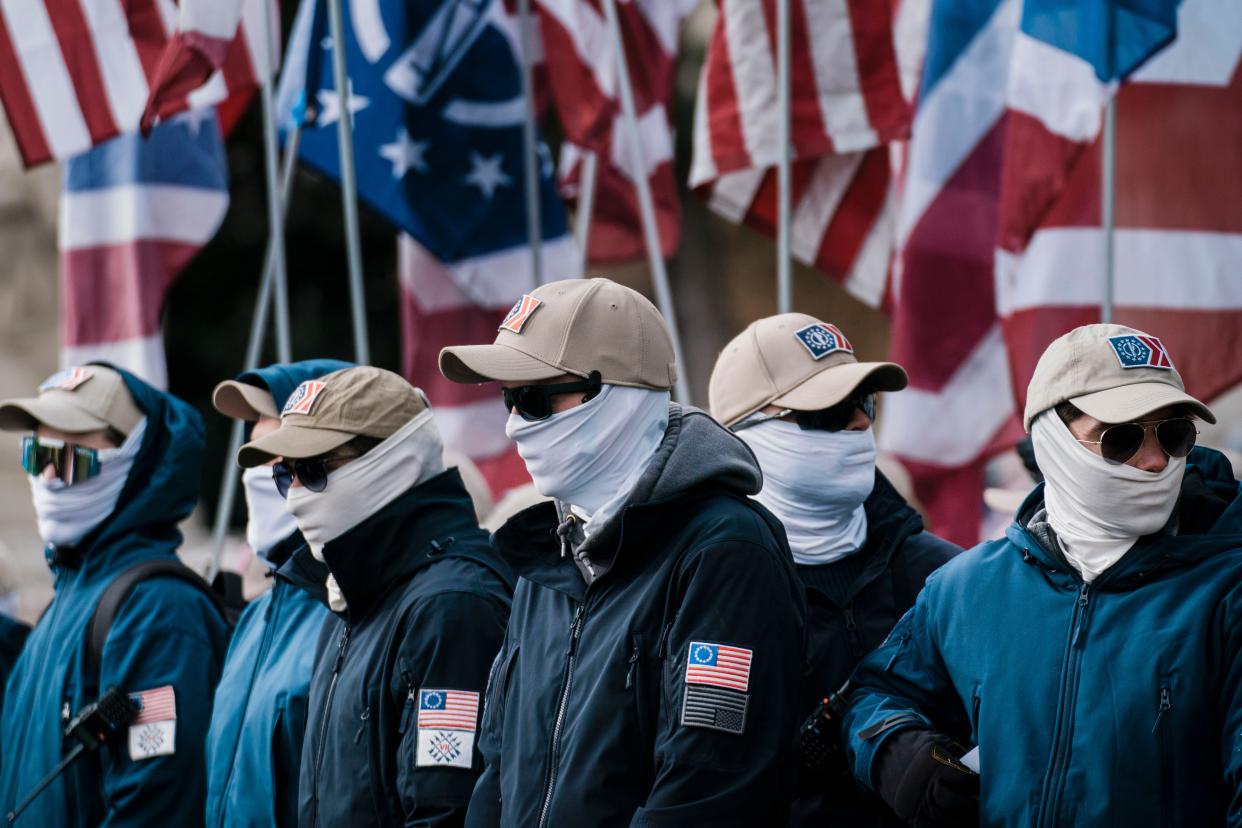 Members of the right-wing group, the Patriot Front, as they prepare to march with anti-abortion activists during the 49th annual March for Life along Constitution Ave. on Friday, Jan. 21, 2022 in Washington, DC.