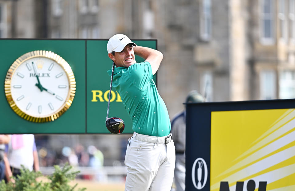 Seen here, Rory McIlroy tees off in the third round of the 150th Open at the St Andrews Old Course. 