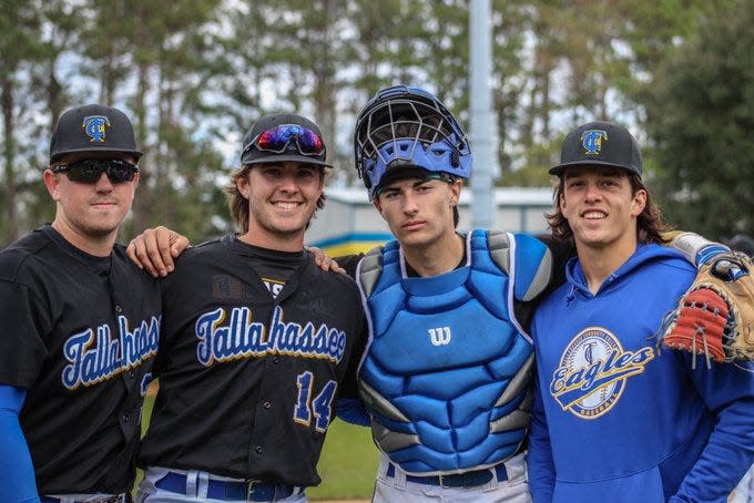 Tallahassee Community college baseball players pose for a photo before a game in Tallahassee, Florida