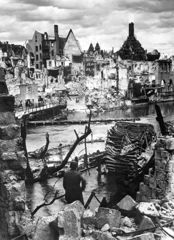 On March 8, 1943, Allied planes led by the Royal Air Force bombed the German city of Nuremberg, pictured upon its capture in 1945, an important military manufacturing site. File Photo courtesy the U.S. Department of Defense