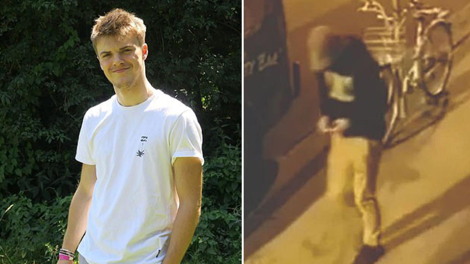 Theo Hayez pictured in a white t-shirt (left) and the night he disappeared (right). 