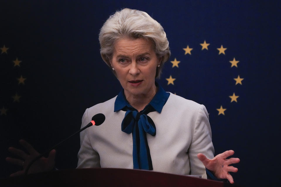 European Commission President Ursula von der Leyen speaks during a press conference at the European Union Delegation to China compound after meeting with Chinese President Xi Jinping and Premier Li Qiang in Beijing, Thursday, Dec. 7, 2023. (AP Photo/Andy Wong)