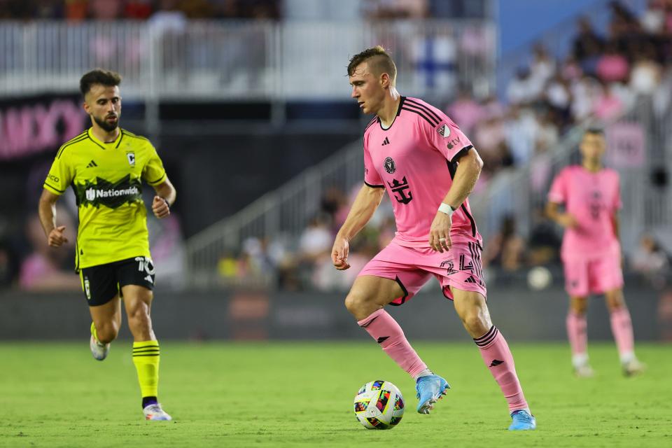 Jun 19, 2024; Fort Lauderdale, Florida, USA; Inter Miami CF midfielder Julian Gressel (24) kicks the ball against the Columbus Crew during the first half at Chase Stadium. Mandatory Credit: Sam Navarro-USA TODAY Sports