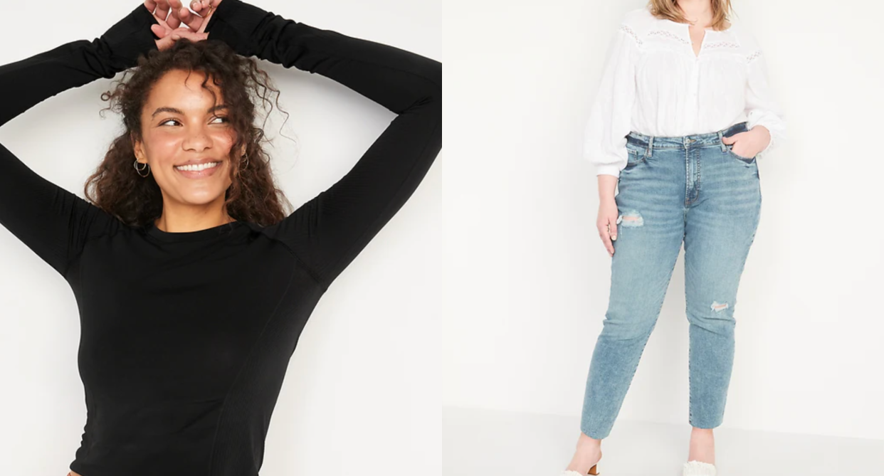 old navy sale, split screen of model wearing long-sleeve black t-shirt smiling with curly hair and model wearing blue jeans and white top