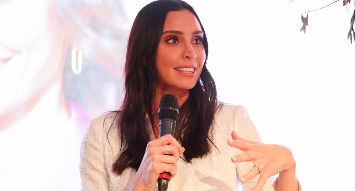 Christine Lampard speaks on stage at the Christine Lampard x Wallis SS22 collection launch on April 07, 2022 in London, England. (Photo by Lia Toby/Getty Images for WALLIS)