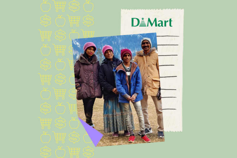 Family with D-Mart receipt behind them