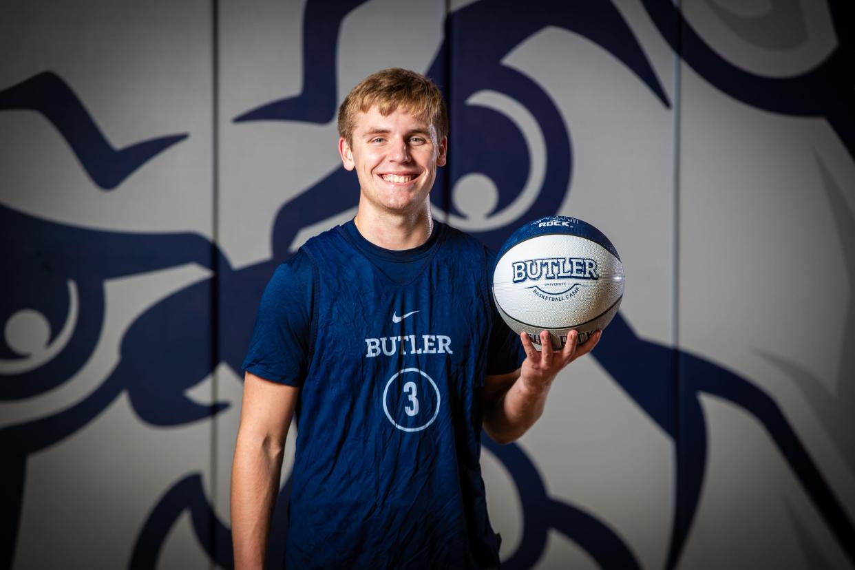 Butler University basketball player Ethan McComb at Media Day on Wednesday, Oct. 17, 2023, in the Butler University practice gym in Indianapolis.