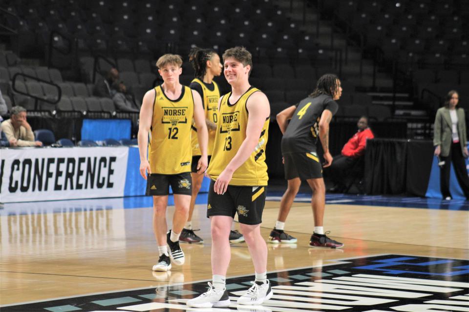 NKU freshmen Mitchel Minor (12) and Cole Sherman (13) during NKU's practice at Legacy Arena Wednesday.