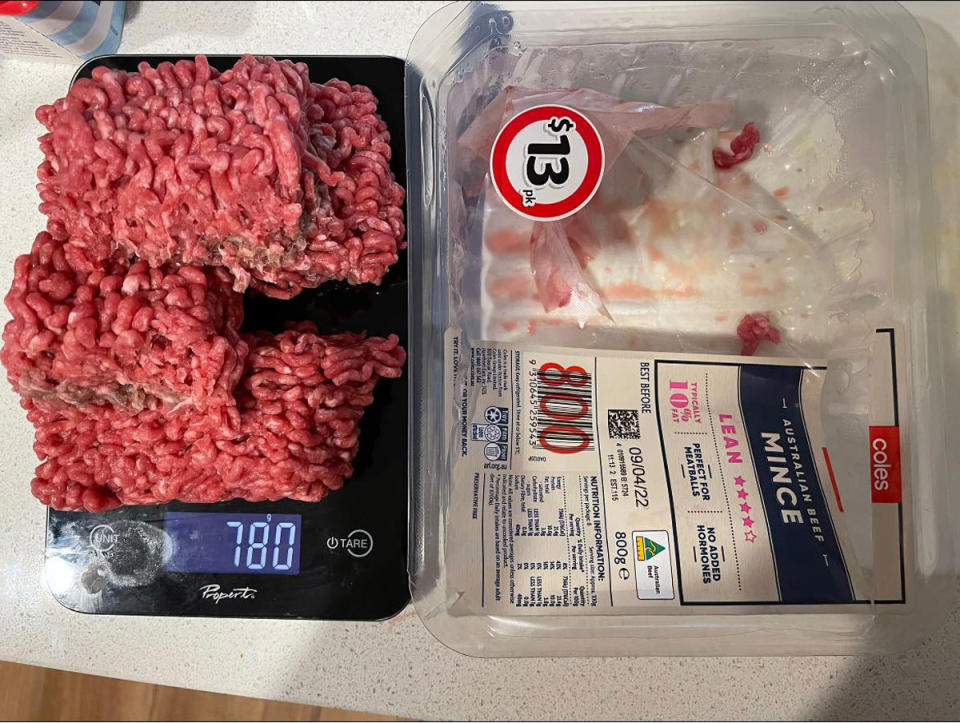 Pictured is the Coles mince on the kitchen scale along with the Coles-brand packaging.