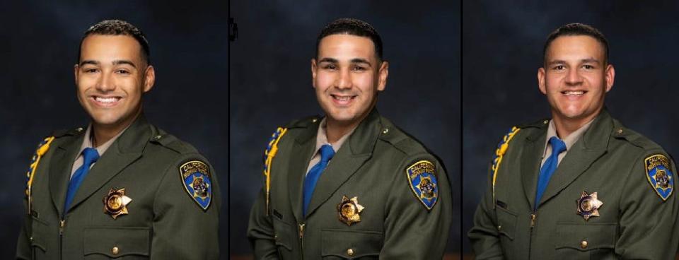 Left tor right, Justin Lee, Issac Joel Escobedo and Jesus Alejandro Avalos Cortes, all from from San Bernardino County, were sworn in as new California Highway Patrol officers.