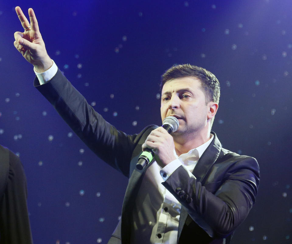 Volodymyr Zelenskiy, Ukrainian actor and candidate in the upcoming presidential election, hosts a comedy show at a concert hall in Brovary, Ukraine, Friday, March 29, 2019. Zelenskiy now surging ahead of both Tymoshenko and Poroshenko in the presidential context according to polls. (AP Photo/Efrem Lukatsky)