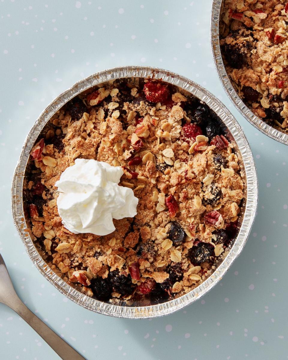 <p>A <a href="https://www.delish.com/cooking/recipe-ideas/a27510234/easy-blueberry-crisp-recipe/" rel="nofollow noopener" target="_blank" data-ylk="slk:fruit crisp;elm:context_link;itc:0;sec:content-canvas" class="link ">fruit crisp</a> is one of the best baking tricks in the book: They're easy to make, you can toss in whatever fruit you have in them, and when served with a scoop of vegan <a href="https://www.delish.com/cooking/recipe-ideas/a27971982/coconut-ice-cream-recipe/" rel="nofollow noopener" target="_blank" data-ylk="slk:coconut ice cream;elm:context_link;itc:0;sec:content-canvas" class="link ">coconut ice cream</a>, they're a perfect way to end a meal. Now, you can make this delicious summer dessert without even turning the oven on (simply swap the butter for margarine)!</p><p>Get the <strong><a href="https://www.delish.com/cooking/recipe-ideas/a39854907/air-fryer-berry-crisp-recipe/" rel="nofollow noopener" target="_blank" data-ylk="slk:Air Fryer Berry Crisp recipe;elm:context_link;itc:0;sec:content-canvas" class="link ">Air Fryer Berry Crisp recipe</a></strong>.</p>