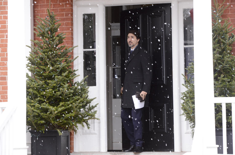 Canadian Prime Minister Justin Trudeau addresses Canadians on the COVID-19 pandemic from Rideau Cottage in Ottawa, Ontario, on Thursday, April 9, 2020. (Sean Kilpatrick/The Canadian Press via AP)